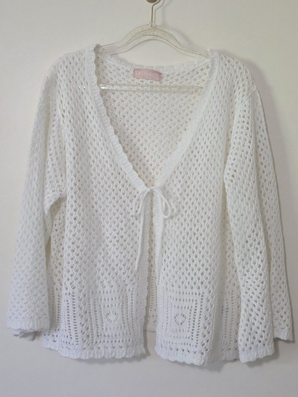 Open Knit Crochet Granny Square Cardigan Front Tie Boho Soft Girl Bell Sleeve 2X